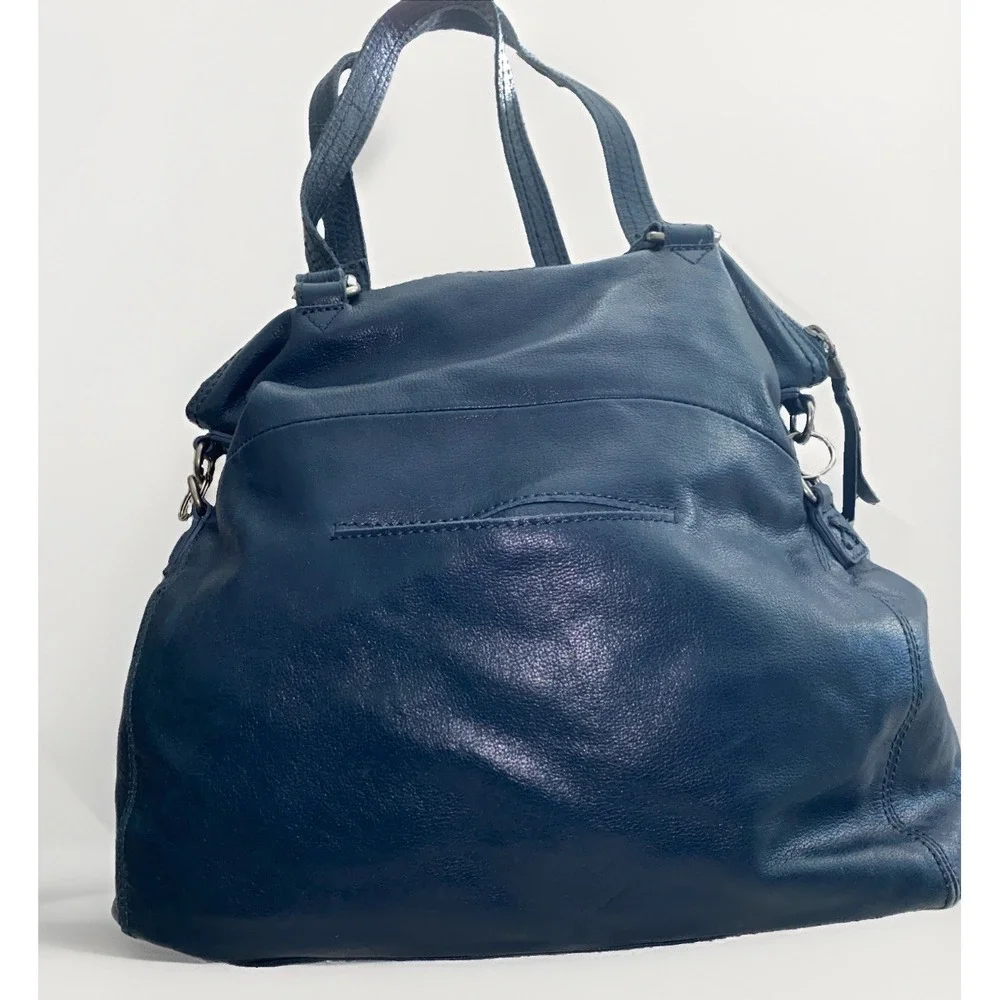 The Sak Blue Genuine Leather Multi Pocket Shoulder Foldover Bag Purse